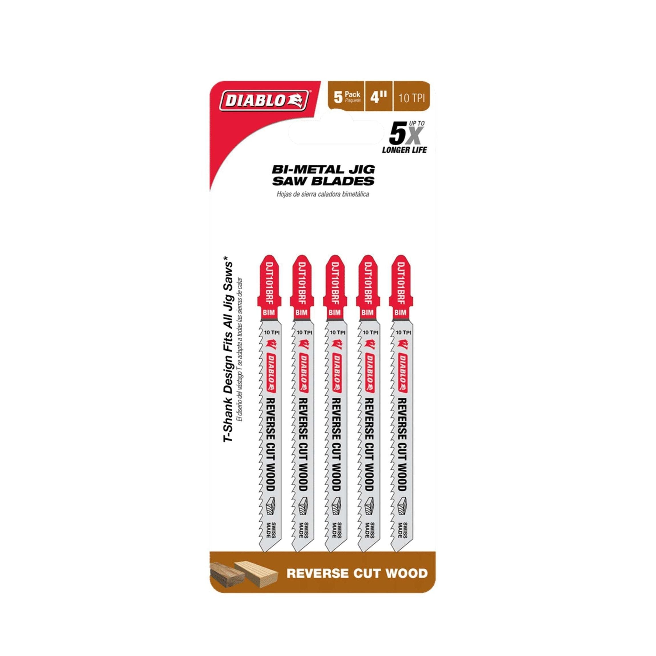 The DIABLO DJT101BRF5 4 in. 10 TPI bi-metal jig saw blades (5-pack) feature an ultra-hardened cutting edge and reverse tooth design for reverse cut wood, lasting 5x longer. Packaged in distinctive red, white, and brown.